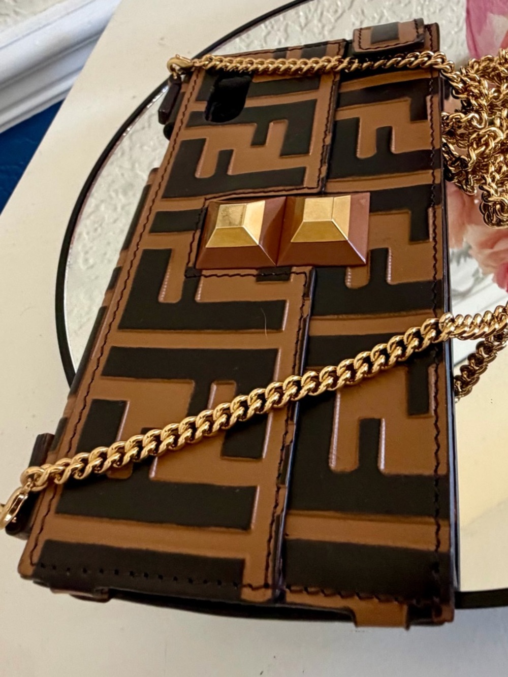 Fendi Brown Black Zucca Leather Bag  iPhone Case Bag Gold Strap X/XS & More - Picture 4 of 15